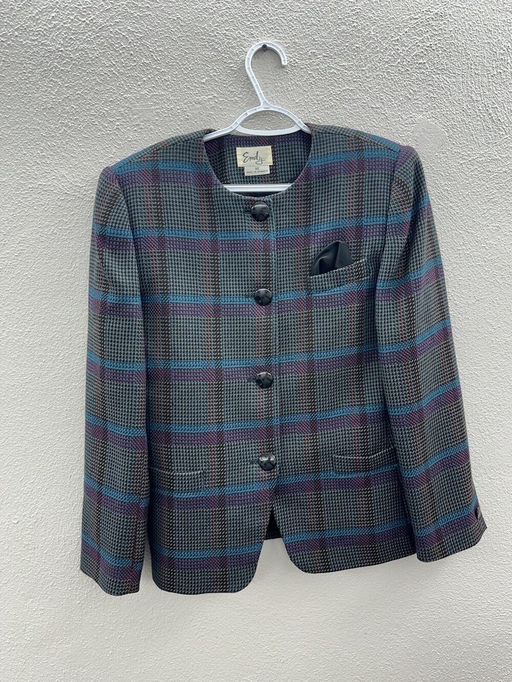 Emily Womens Tweed Blazer Size 10 Plaid Long Sleeve Button Up Wool Blend VTG